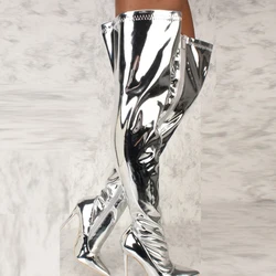 Women Sexy Silver Mirror Thigh High Boots T Show Pointy Toe Club Party Shoes Thin High Heels Over The Knee Long Boots For Women