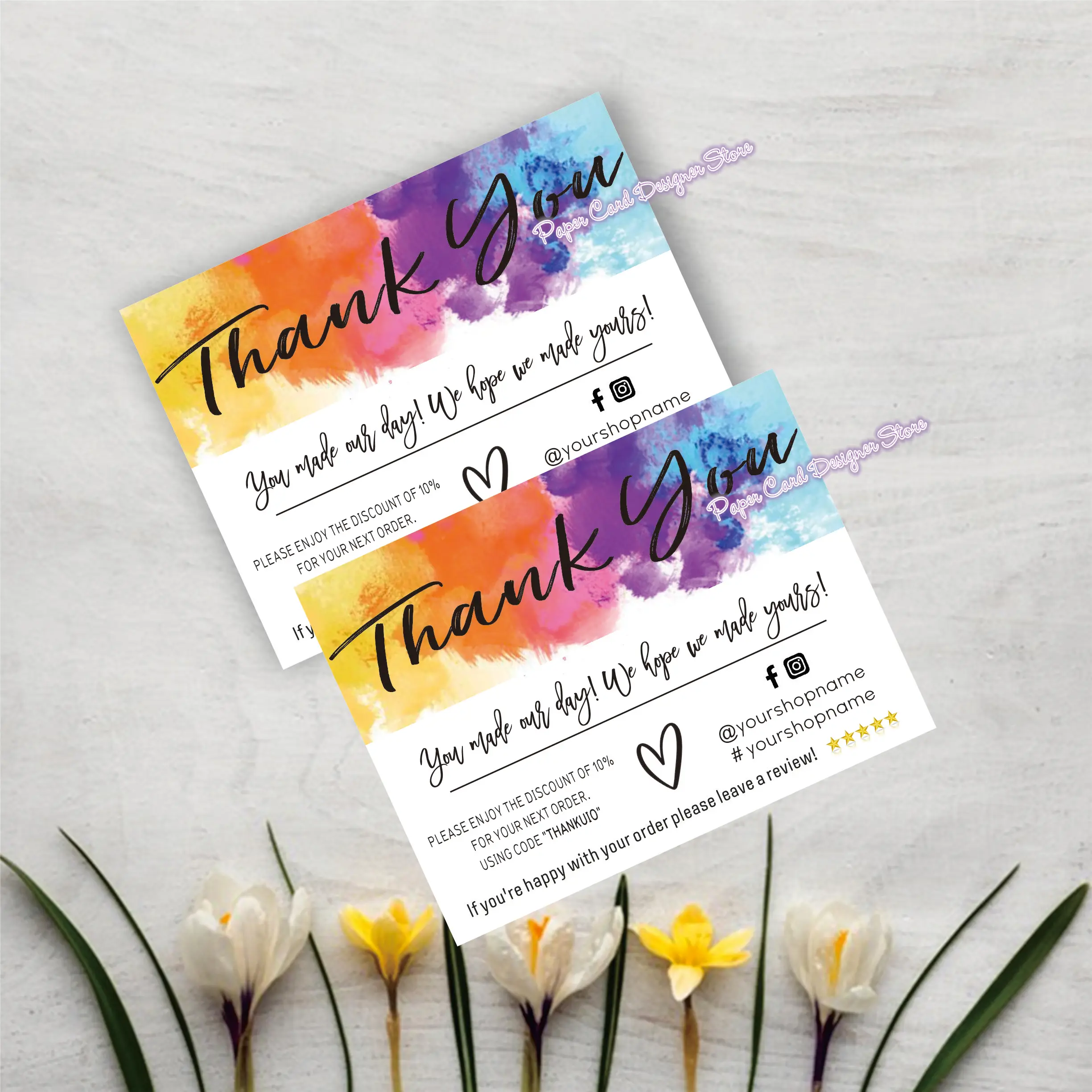 Customized Rainbow Thank You For Your Order Insert Card, Splash of Color, Watercolor Modern Business Insert card Template