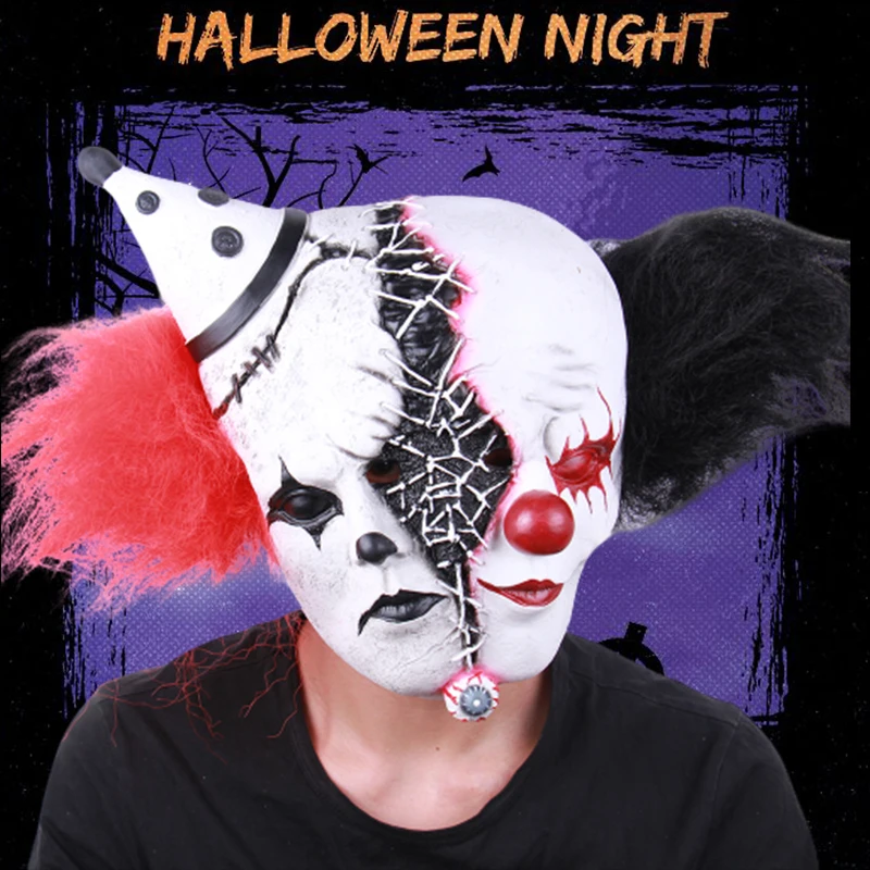 Image of Scary Clown Latex Maske Doppel Kopf Hut Volle Gesicht Karneval Kostüm Maskerade Erwachsene Partei Cosplay Kostüm Maske Halloween Requisiten