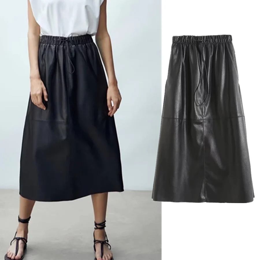 

Jenny&Dave Winter Faldas Mujer Moda England Style High Waist Fashion Midi Skirt Women Black Soft Leather Long Skirts Womens