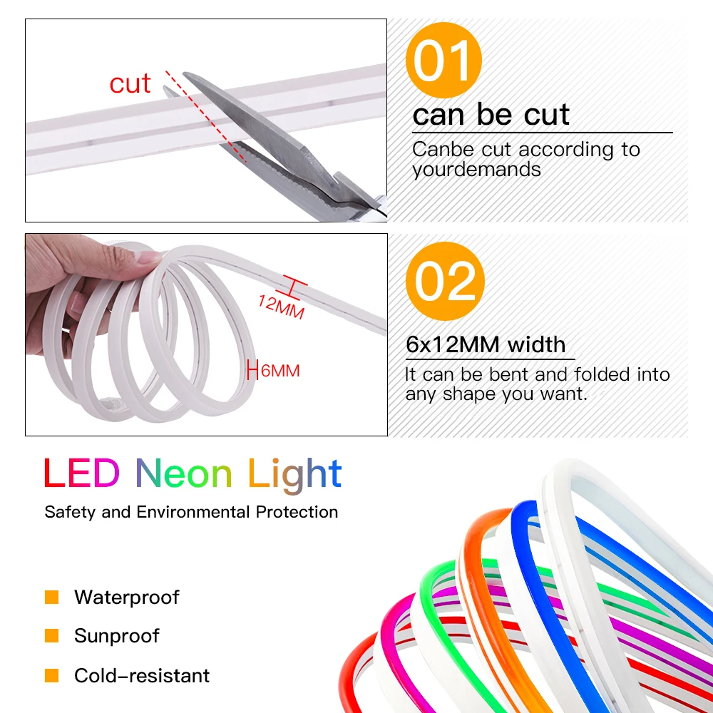 USB Neon LED Strip Light 5V 120LEDs/m SMD 2835 Waterproof Flexible Neon Rope Tape with Battery Box for Home Decoration 0.5-3m