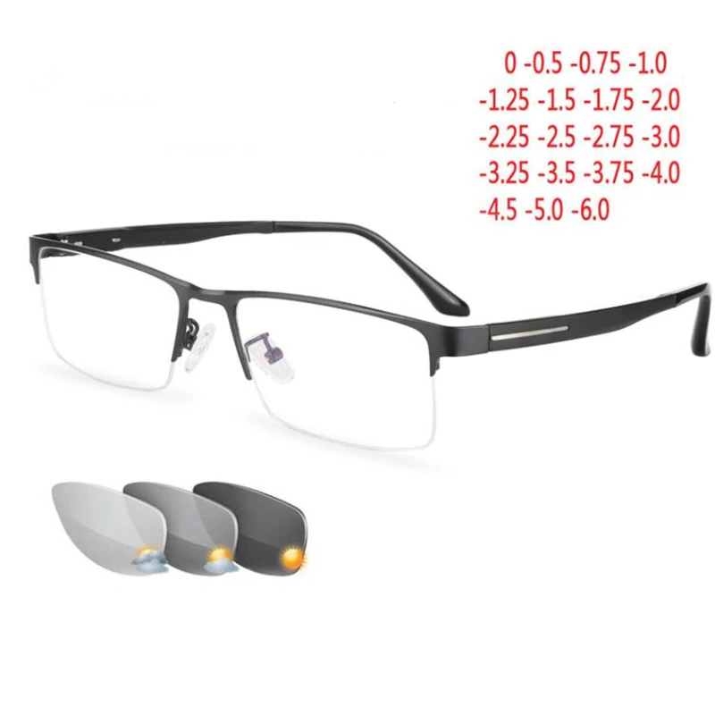 Half Frame Square Myopia Photochromic Spectacles Women Men Semi-Rimless Metal Chameleon Nearsighted Glasses 0 -0.5 -0.75 To -6.0