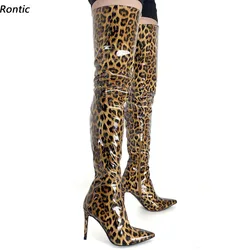Rontic New Handmade Women Winter Thigh Boots Patent Zipper Stiletto Heels Pointed Toe Fabulous Leopard Party Shoes US Size 5-15