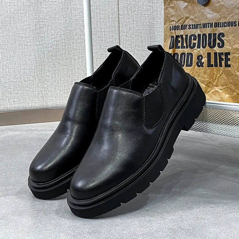 Korean designer men leisure natural leather shoes slip-on platform shoe breathable summer loafers black gentleman footwear male