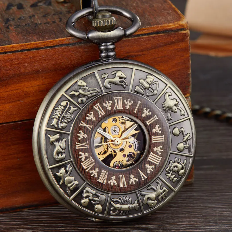 Solid Wood Mechanical Pocket Watch FOB Chain Locket Dial Hollow Steampunk Skeleton Men Women Mens Male Clock Watches Box Package