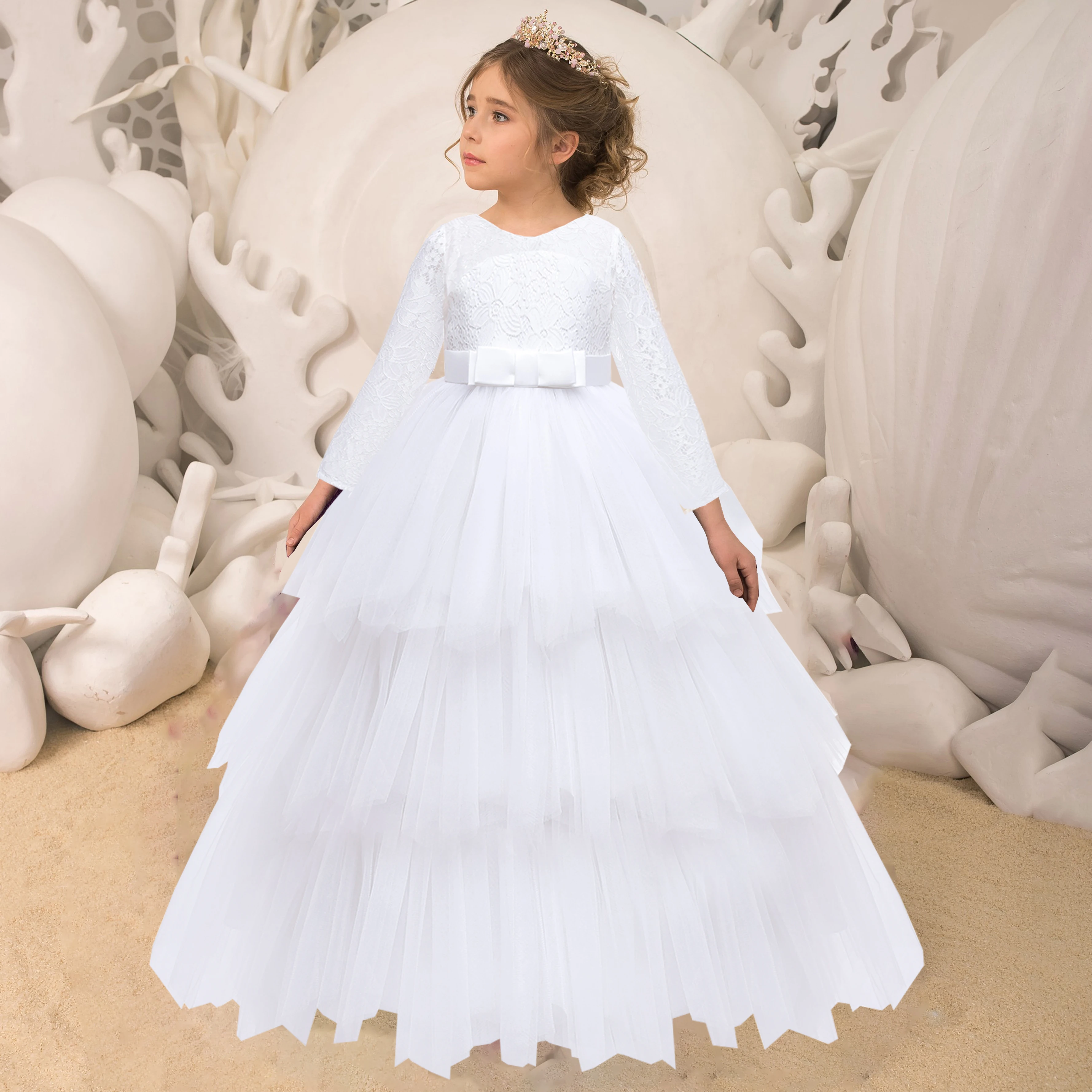 Formal Cake Lace White Bridesmaid Dress for Girl Long Sleeve Wedding Party Princess Dress Pageant Gown Children Costume 14 Years