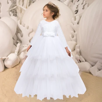 Bolo formal renda branco vestido de dama de honra para menina manga longa festa de casamento vestido de princesa pageant vestido crianças traje 14 anos