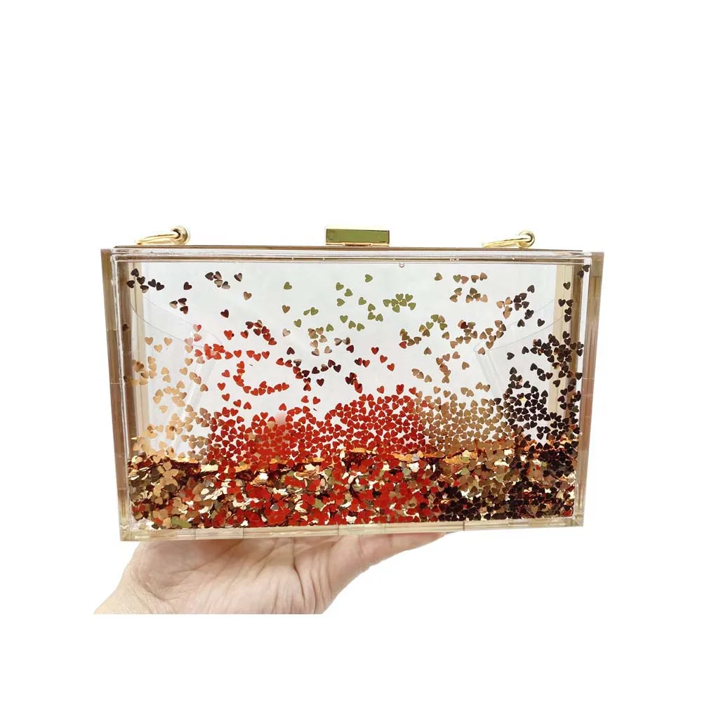 Fashion Transparent Summer Holiday Handbag Brand Acrylic Clutch Bag Loving Heart Liquid Clutch Purse For Women Evening Luxury