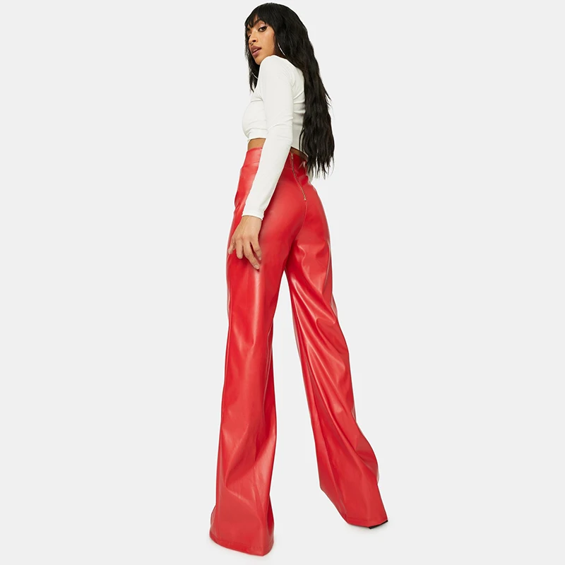 Faux lederen broek met split en vlam voor dames casual pvc los breed been broek PU latex hoge taille plus maat flare broek op maat