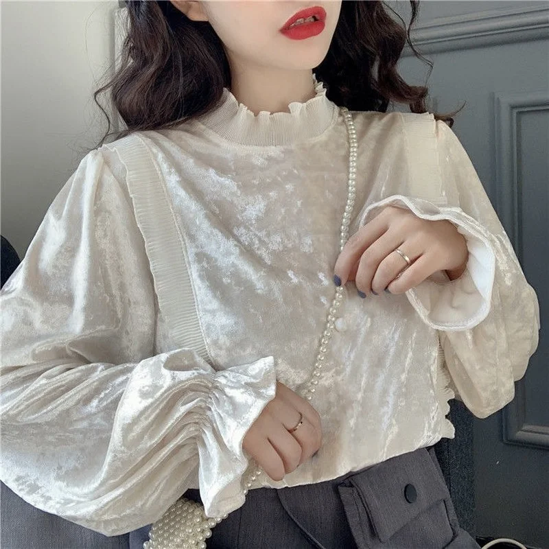 

New Korean Patchwork Blouses Women Stand Collar Puff Sleeve Long-sleeved Shirt Dropshipping Womens Blouses