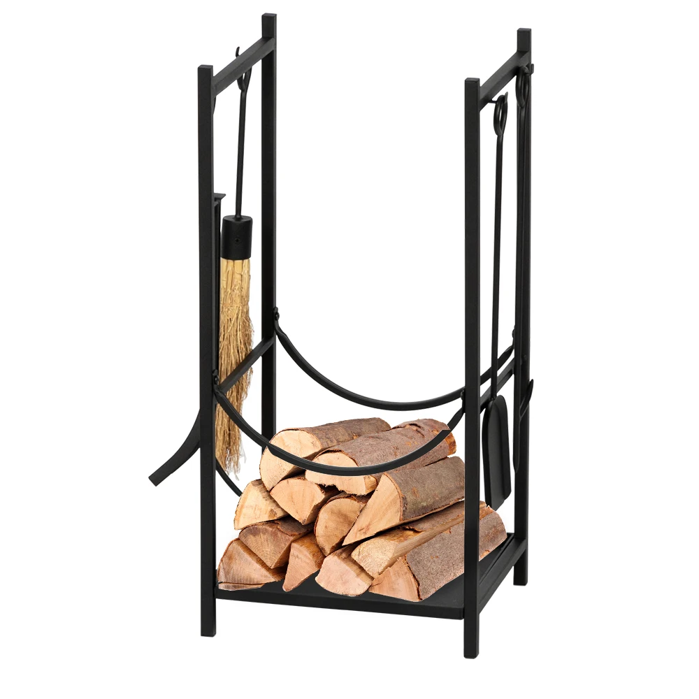 

Artisasset Indoor And Outdoor Wrought Iron Fireplace Firewood Stand Black Paint 33 Inches High Square With 4 Tools[US-Stock]