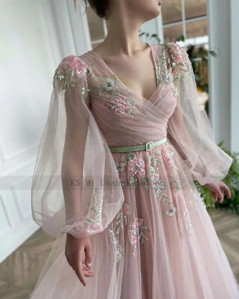 Blush Roze Formele Avondjurken 2021 V-hals Kleurrijke Bloemen Vlinder Sequin Puff Lange Mouwen Prom Speciale Gelegenheid Jurken