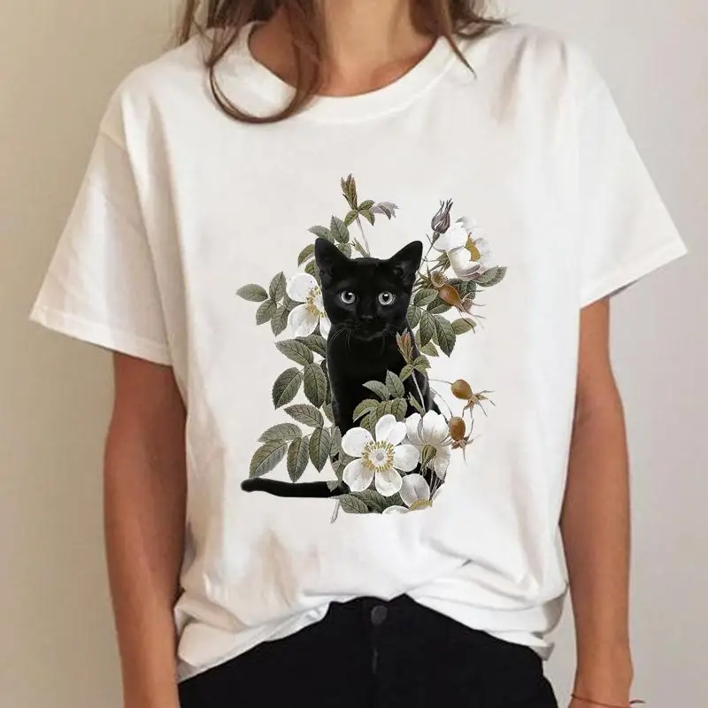 Clothes Ladies Cat Plant Lovely 90s Fashion Clothing T-shirt Summer Tee Women Graphic T Shirt Short Sleeve Cartoon Female Top