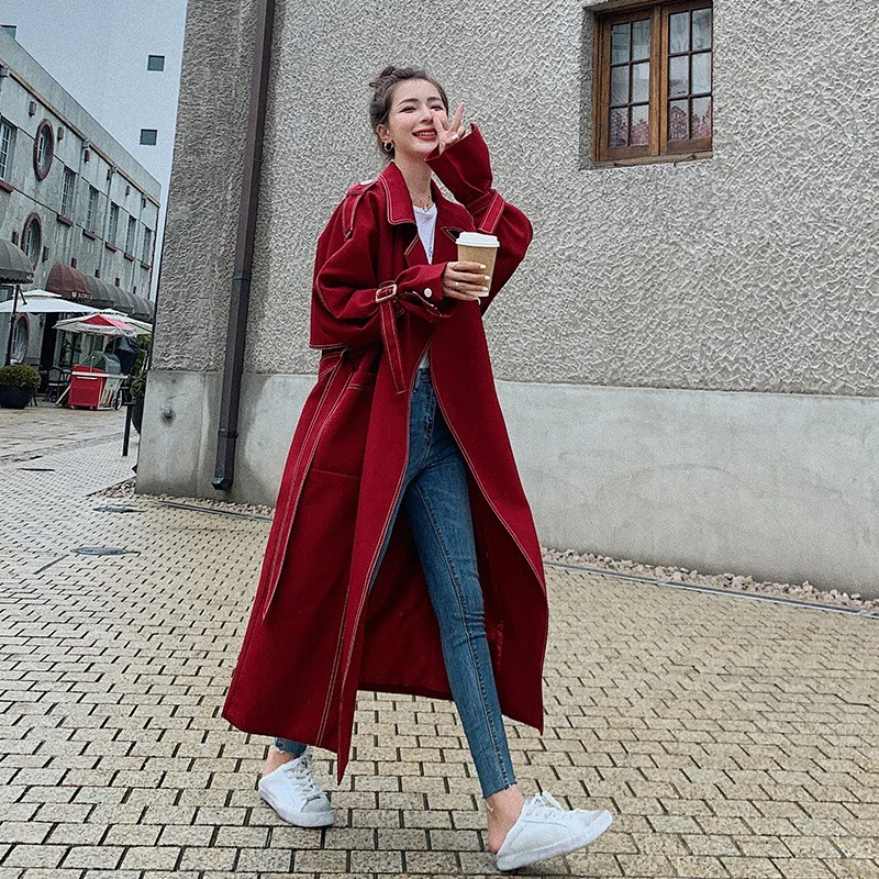 

2021 Autumn Women Trench Coat Classic Double Breasted Belt Coat Women Red Trench Fashion Chic Long Trench Women Casual Loose