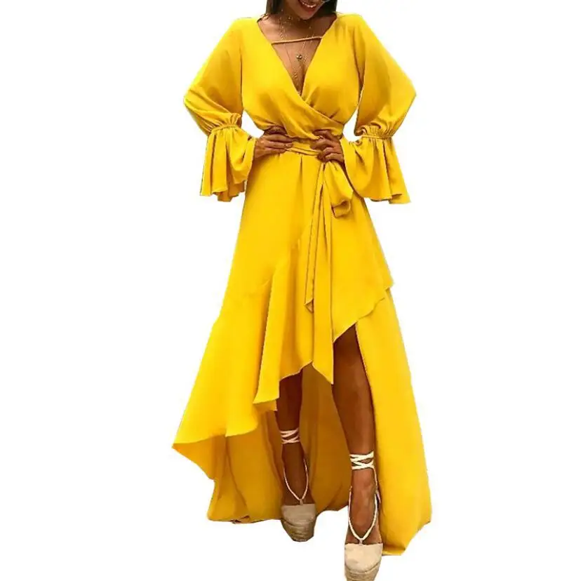 

Long Dress 2021 V-Neck Long Sleeve Fashion Custom Lady Chiffon Ruffle Maxi Dress Vestidos Women Elegant Summer Casual Dresses