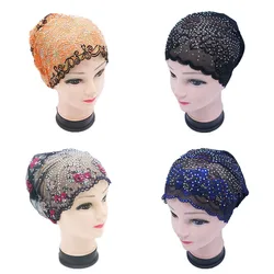 Muslim thin hat women's net gauze hat Baotu hat hot drilling lace hat bottom cap headscarf capwoman hat  ladies hats