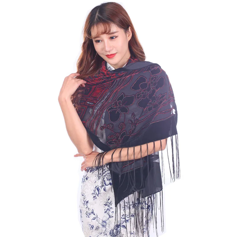 High Quality Black Velvet Rose Shawl Winter Scarf Thicking Warm Vintage Burnout Women Accessory Wedding Ponchos Wrap