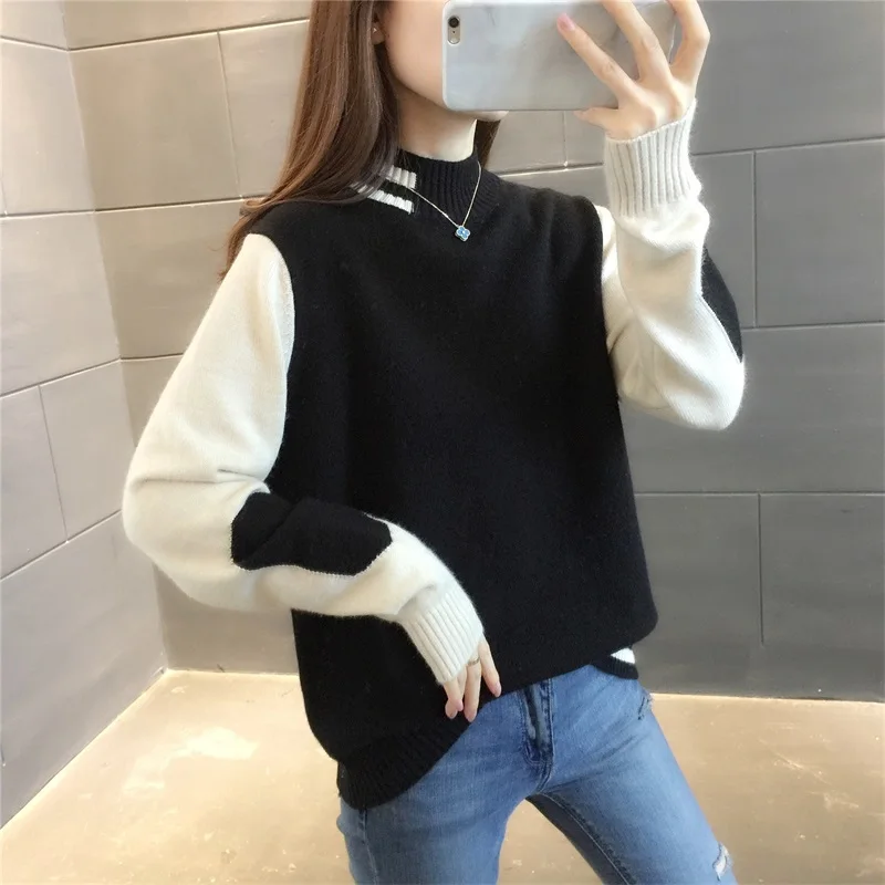 Herfst Winter Half Hoge Kraag Gebreide Trui Vrouwen Korte Trui Jumpers Dames Mode 6 Kleur Patchwork Gebreide Tops Vrouwelijke