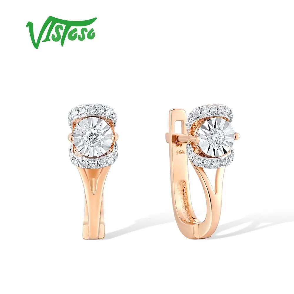 VISTOSO Pure 14K 585 Two-Tone Gold Earrings For Lady Sparkling Illusion-Set Miracle Plate Diamond  Engagement Gift Fine Jewelry