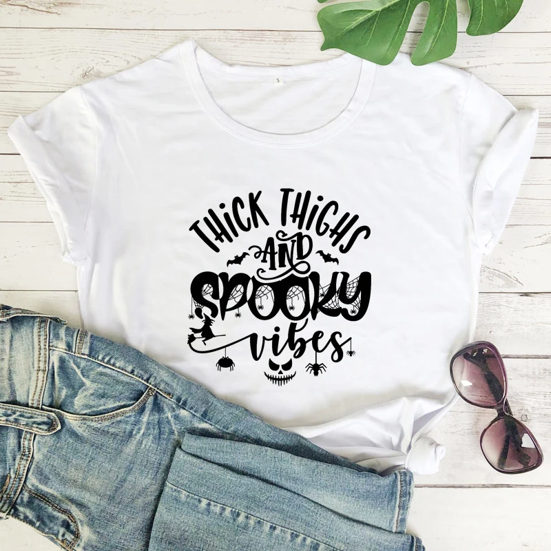 Thick Thighs And Spooky Vibes T-shirt Cute 90s Halloween Party Gift Tshirt Funny Women Graphic Holiday Workout Top Tee Shirt