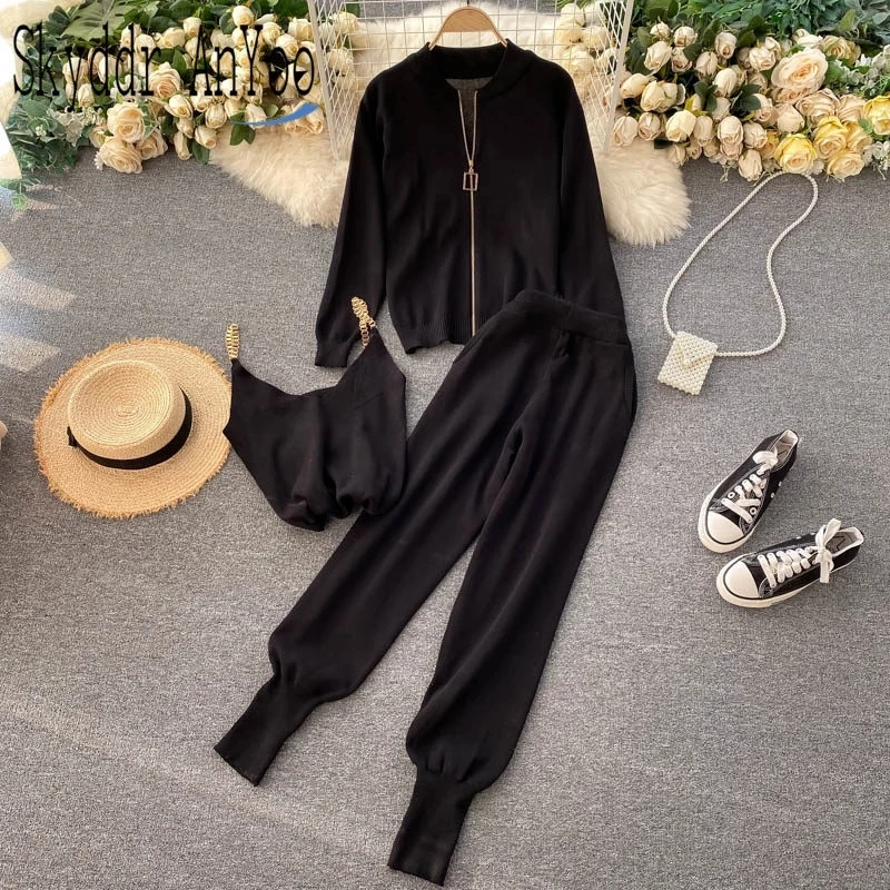 

Fashion Knitted Sweater 3 Piece Set Women's Suit Knitted Jacket Cardigan + Vest + High Waist Trousers Casual Suit
