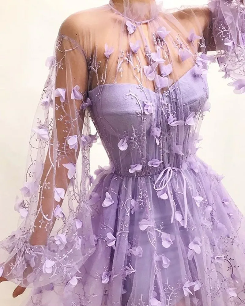 3D Floral Lace Applique Prom Dresses New Arrival Light Purple Long Sleeves Tulle Side Split Party Gowns High Neck