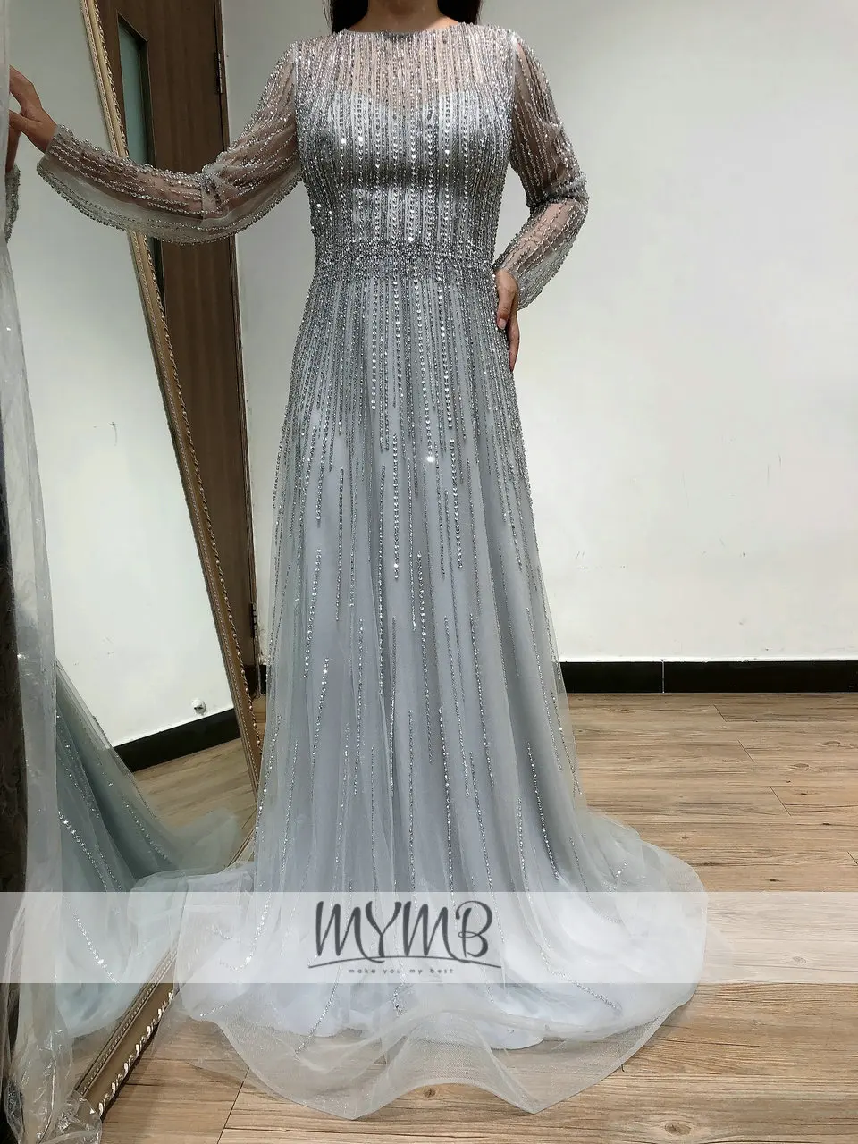 Luxury Full Crystal Beading A Line Women Evening Gown MYMB SILVER Long Sleeve Muslim Wedding Party Dress Mother Of Groom