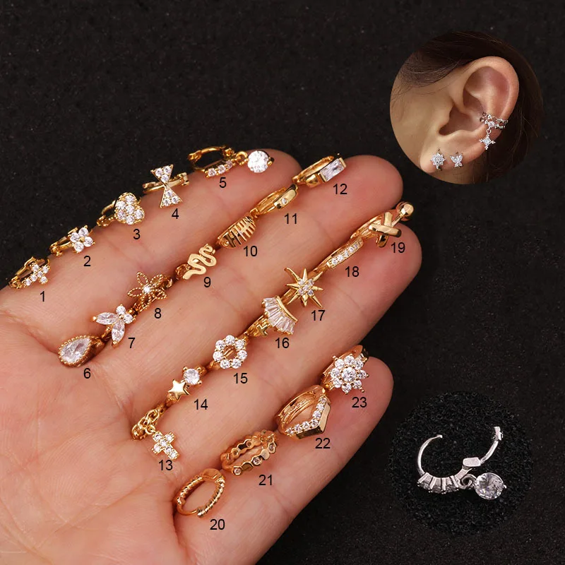 1 PCS Mix Cute Mini 5 mm Circles Copper Ear Cartilage Hoop Gold Color Zircon Cross Flower Heart Ear Clip Cuff Earring Jewelry
