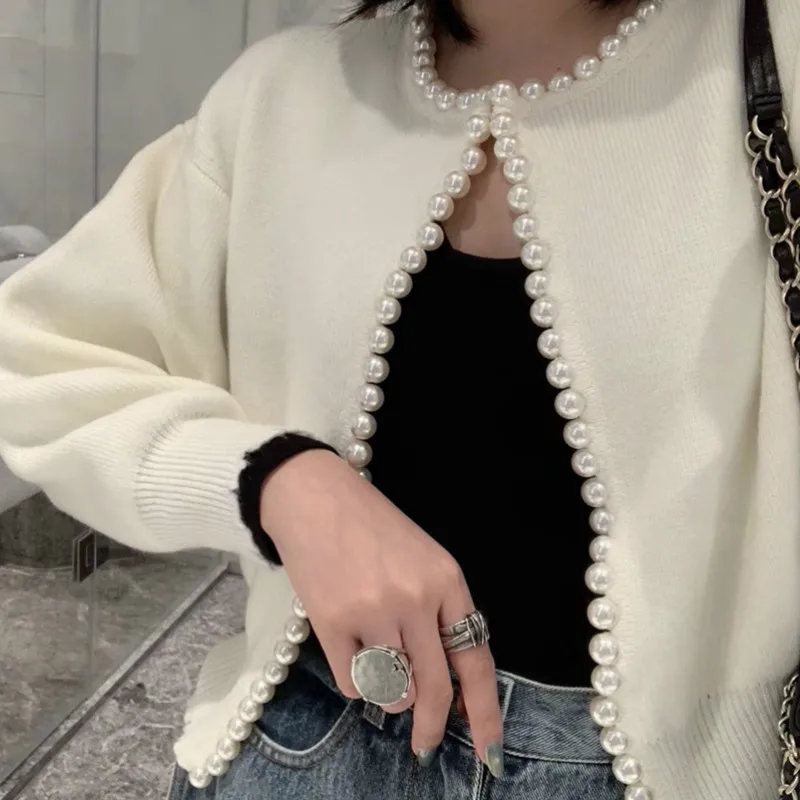 Women Elegant Pearls Trimmed Knit Cardigan Sweater Coat OL Pullovers Beading Jacket OL Crop Tops Sueter Mujer Autumn Winter 2020