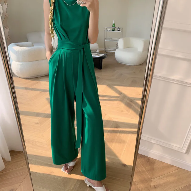 Summer Elegant Woman Jumpsuit Green Outfit Sleeveless Bandage High Waist Wide Leg Pants Rompers Playsuits Female Overalls