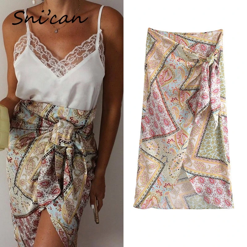 Patchwork Paisley Knots Skirt High Waist Asymmetrical Sexy Midi Faldas Mujer Boho Casual Jupe Femme Summer Za 2021 Women Skirts