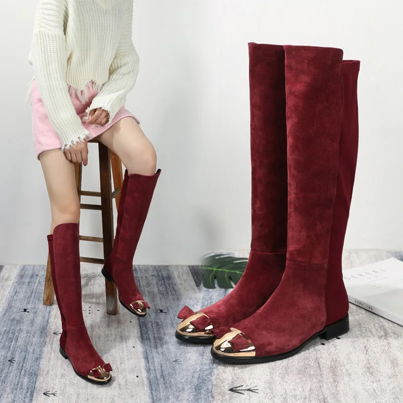 

Bow Boots Women Winter Bow Boots Mujer Low Heels Shoes Women Cow Suede Boat Feminina Knee