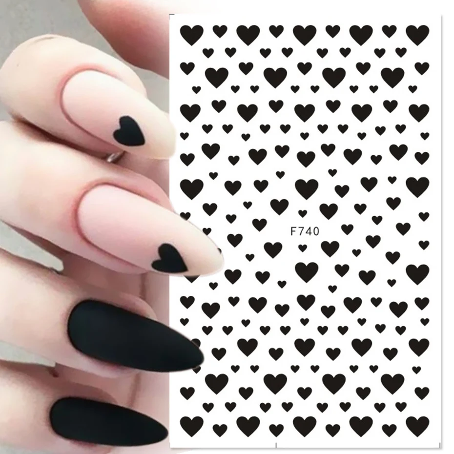 1pcs 3D Black Heart Nail Stickers Love Decals Nail Art Decoration Letters Star Geometric Line Tips Design Manicure Slider NLF740