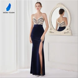 DEERVEADO Soft Velvet Strap Evening Dress 2022 New Women Sexy Slit Party Dresses Formal Maxi Dress K19103