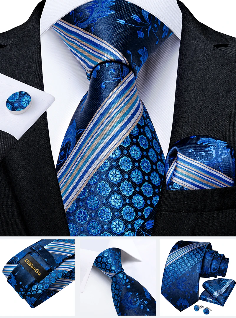 Klassische marineblaue Herrenkrawatte, gestreift, Paisley-Blumenmuster, Krawatten-Set mit Einstecktuch und Manschettenknöpfen, Business-Krawatten-Set, Geschenk für Männer – Detail 28