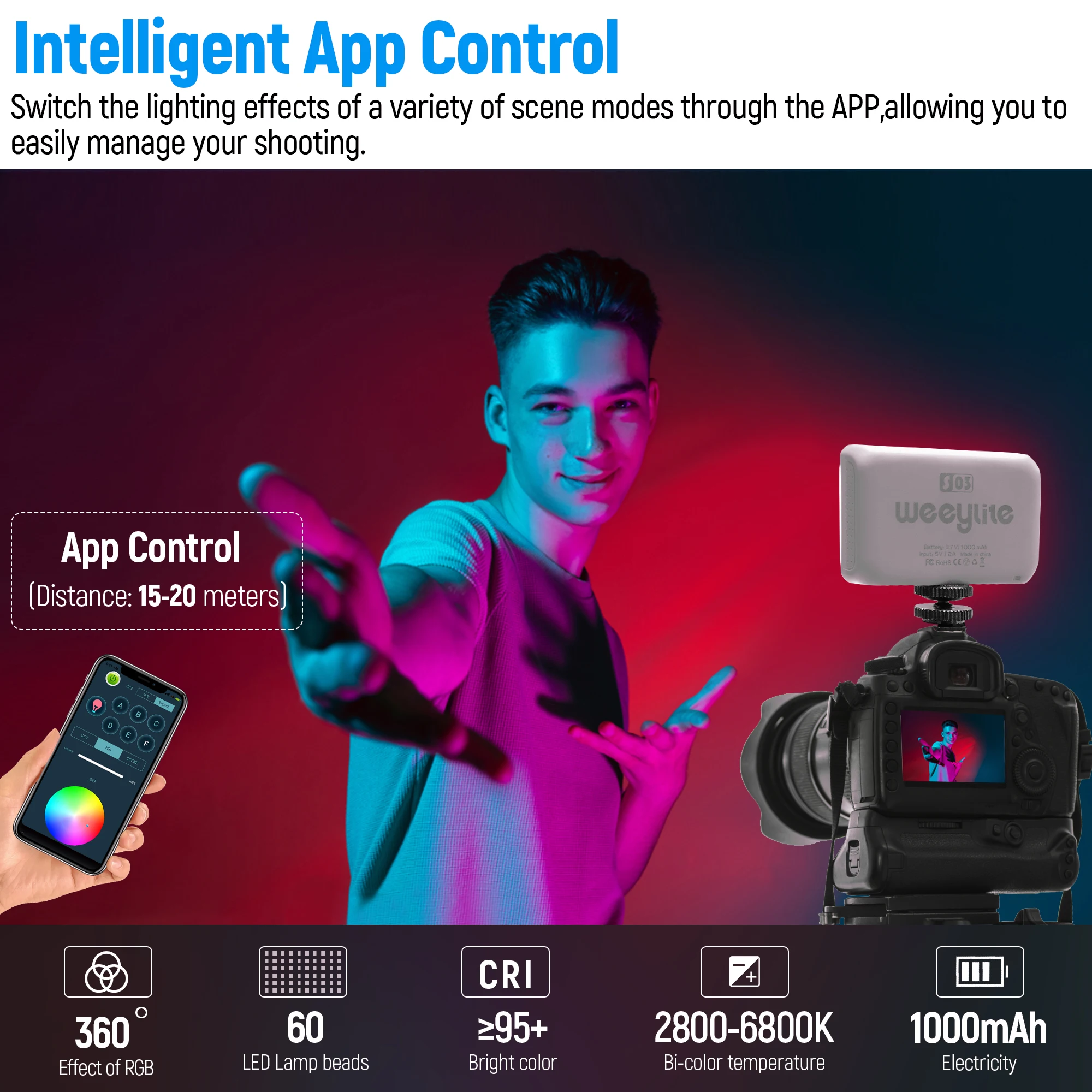 Weeylite S03 المحمولة RGB الملونة LED الفيديو الضوئي كامل اللون عكس الضوء 2500K-8500K جيب APP التحكم ملء الإضاءة مصباح صغير