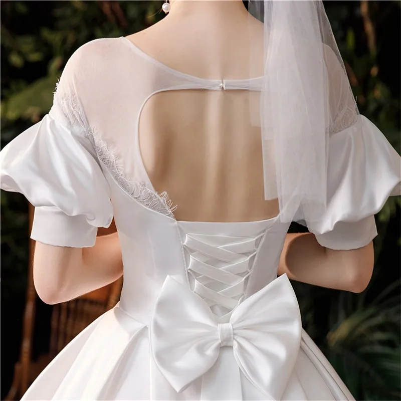 New Hot Sale Simple Fashion Vestido De Noiva 2021 Wedding Dress Luxury Elegant Lantern Sleeve Lustrous Satin Princess Lace Up