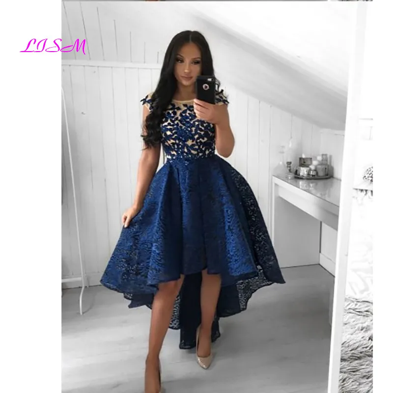 Royal Blue Lace Homecoming Dresses เซ็กซี่สูงต่ำเสื้อภาพลวงตา A-Line Vetidos Elegant Cocktail Dress