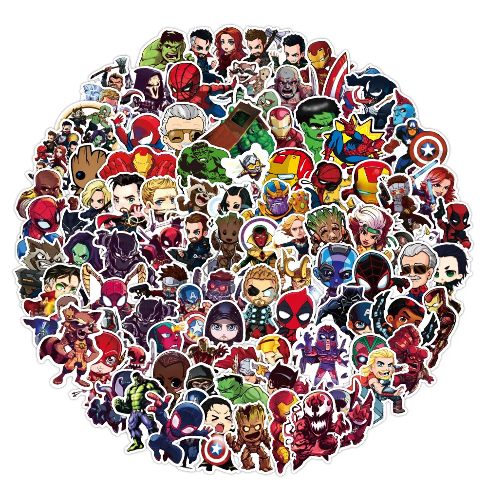 100pcs Cartoon Marvel Stickers Cool The Avengers Waterproof Sticker Luggage Skateboard Guitar Laptop Stikers Kid Toys