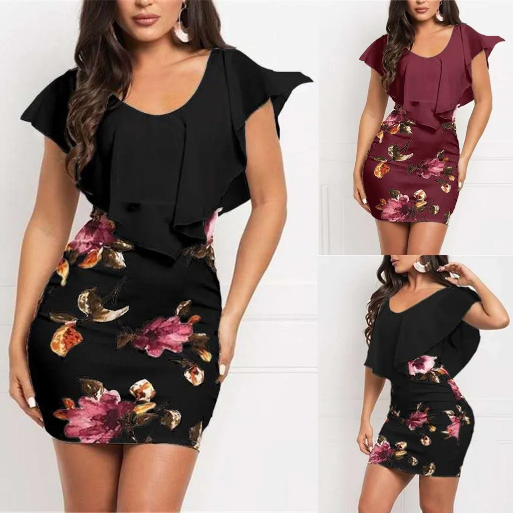 

Floral Print Bodycon Mesh Mini Dresses Summer Sexy Ruffle Party Club Women Dress Bodycon Casual Slim Women Dresses Vestido