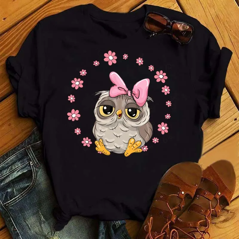 Maycaur Cartoon Owl Print T Shirt Women Kawaii Graphic Shirts Casual Short Sleeved Black Female Tee O-neck Harajuku T-shirts