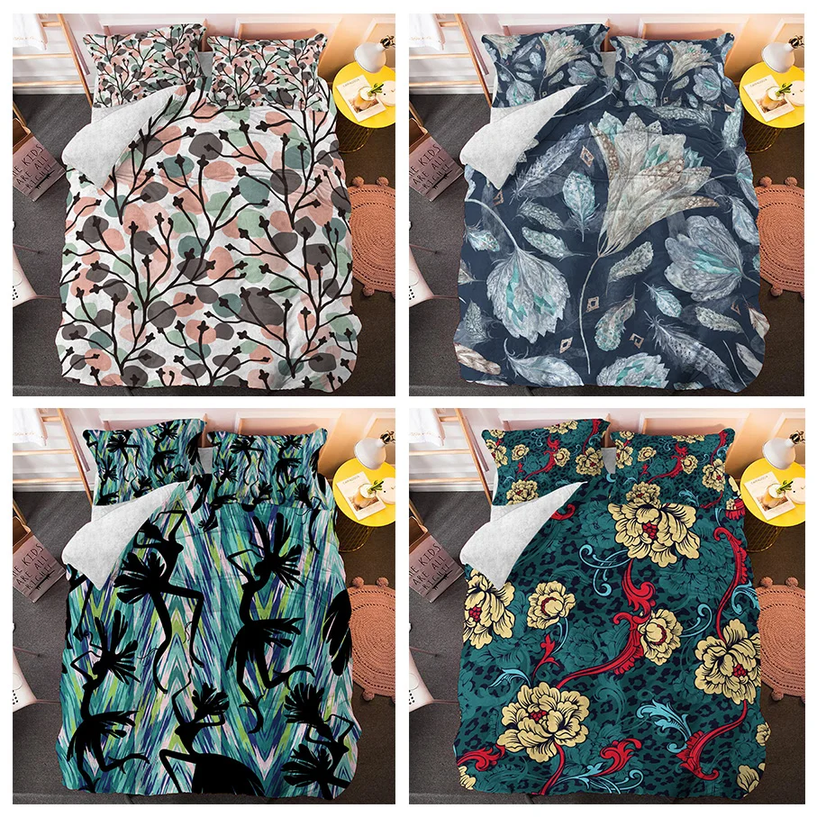 

Комплект постельного белья с цветочным принтом, с листьями, пододеяльником, наволочкой, декор для спальни, односпальная, двухспальная, двуспальная, двуспальная