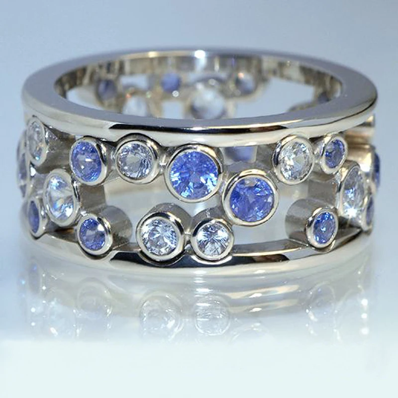 Huitan Fashion Hollowed Circle Women Simple Band Ring White/Blue Zircon Anniversary Gift for Lady Unique Birthday Present Rings
