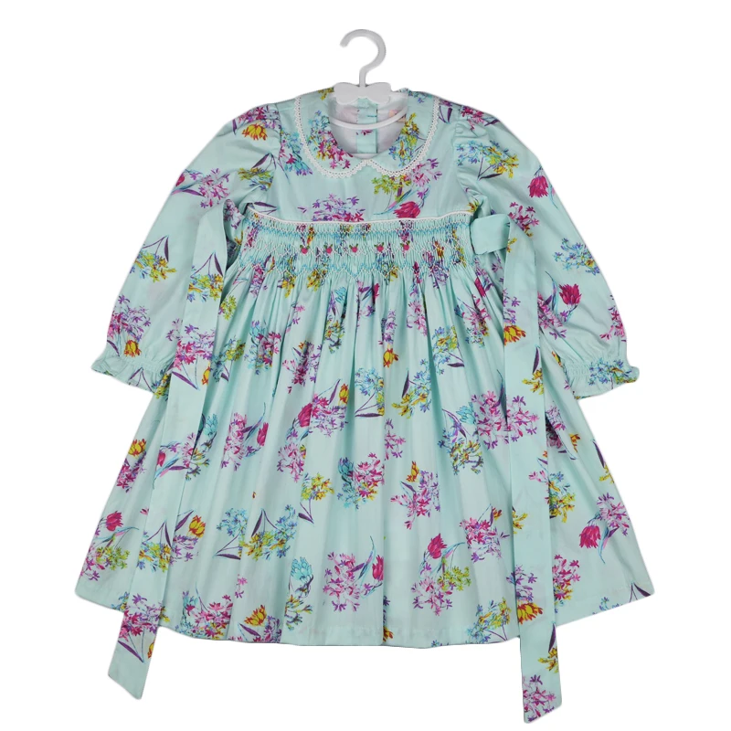 Girls long sleeve dresses spring 2023 girl smocked princess dress autumn kids embroidery floral vintage elegant cotton dress