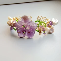 Lii Ji Genuine Amethysts Diopside Freshwater Pearl Bracelet Handmade Jewelry Open Bangle For Women Gift Drop Shipping