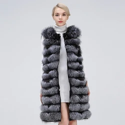 100% Genuine Winter Long Real Silver Fox Fur Stripes Vest Collar  Sleeveless Coat Clothing Women 2019 Real Fur Extended Coat