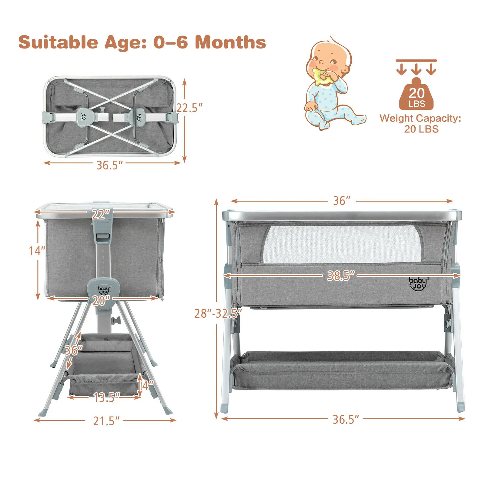 Baby Bett Seite Krippe Tragbare Verstellbare Infant Reise Sleeper Stubenwagen Licht