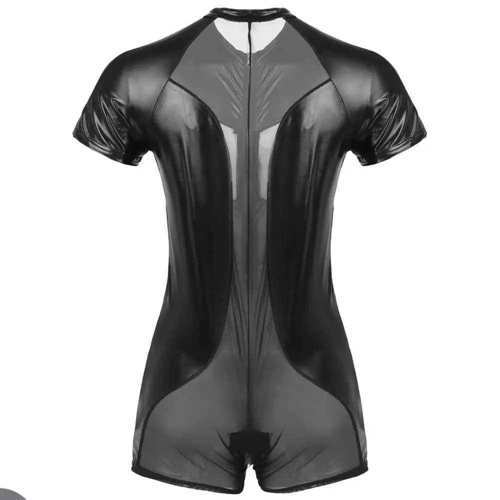 Mens vestito di Un pezzo Lucido Metallizzato Collo di Squadra Corta Maniche Della Maglia Della Rappezzatura Della Pelle-Body Stretto Breve Tuta