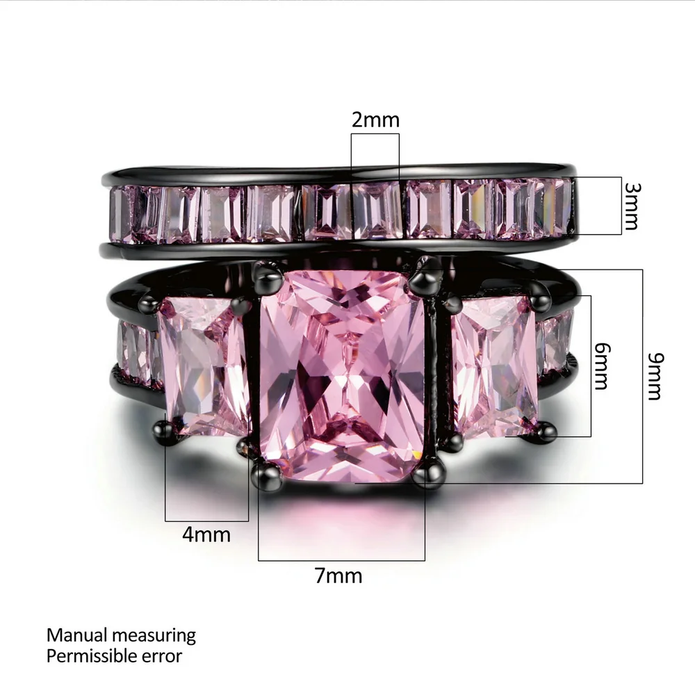 Double Fair Luxury Square Cut Black Gold Color Pink Crystal Finger Ring Sets Fashion Brand Punk Style Jewelry For Women DFDD002
