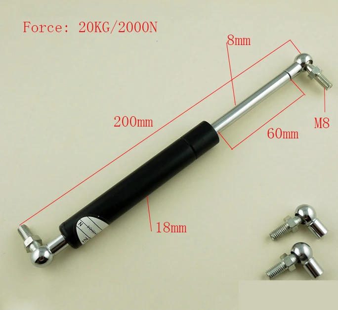 60mm Stroke 20kg/200n Force Auto Gas Spring Damper Ball Gas Strut Shock Spring Lift Prop Automotive M8 Gas Spring 200mm